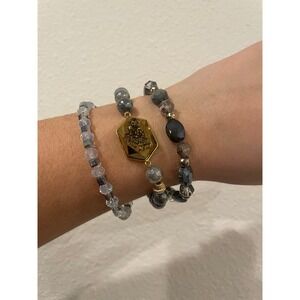 Erimish Beaded Bracelet Stack Grey Silver Iridescent 3 Piece Set Stretch Boho #5